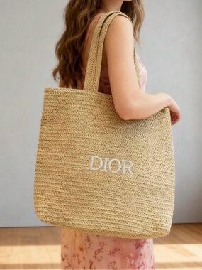 Source Unknown Beige Straw Tote Bag with White Logo